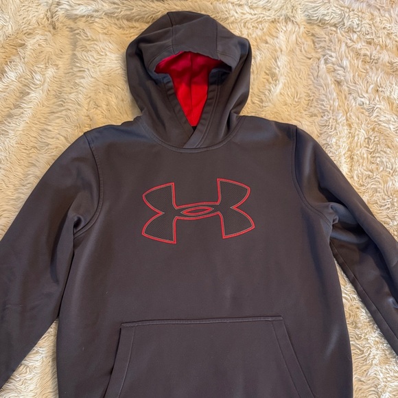 Under Armour Other - Under Armour Charcoal Hoodie with Crimson Logo Men’s Small, fits Youth XL